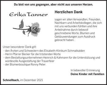 Traueranzeige von Erika Tanner von Südthüringer Presse