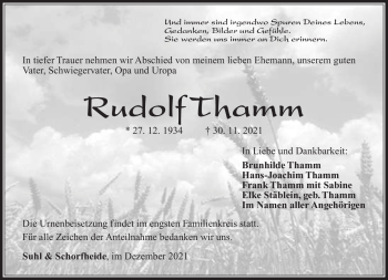 Traueranzeige von Rudolf Thamm von Südthüringer Presse