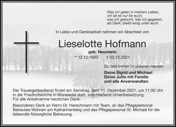 Traueranzeige von Lieselotte Hofmann von Frankenpost