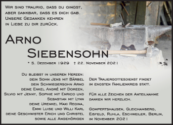 Traueranzeige von Arno Siebensohn von Südthüringer Presse