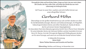 Traueranzeige von Gerhard Höhn von Südthüringer Presse