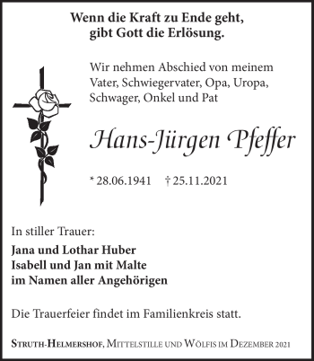 Traueranzeige von Hans-Jürgen Pfeffer von Südthüringer Presse