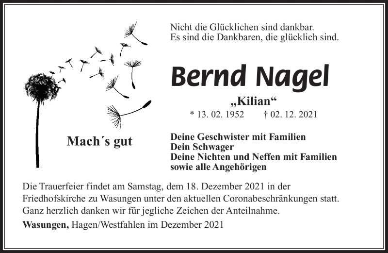  Traueranzeige für Bernd Nagel vom 14.12.2021 aus Südthüringer Presse