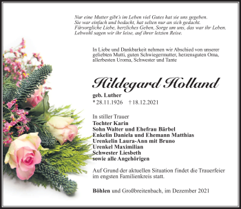 Traueranzeige von Hildegard Holland von Südthüringer Presse
