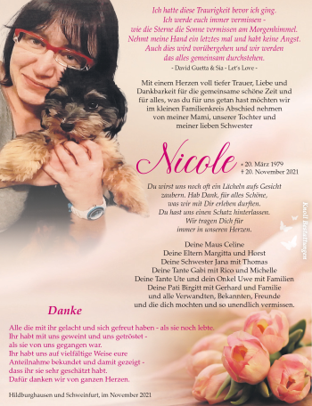 Traueranzeige von Nicole Apfel von Südthüringer Presse