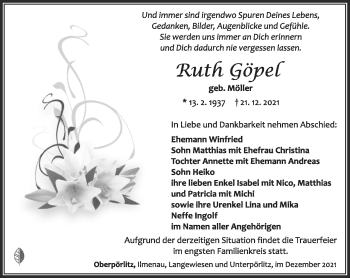 Traueranzeige von Ruth Göpel von Südthüringer Presse