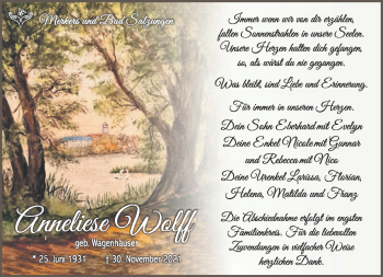 Traueranzeige von Anneliese Wolf von Südthüringer Presse