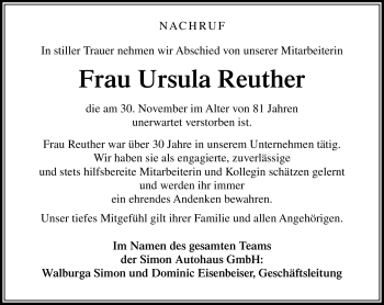 Traueranzeige von Ursula Reuther von Südthüringer Presse