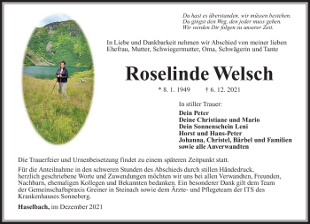 Traueranzeige von Roselinde Welsch von Südthüringer Presse