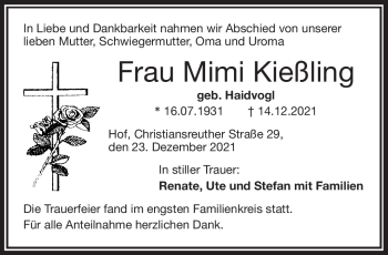 Traueranzeige von Mimi Kießling von Frankenpost