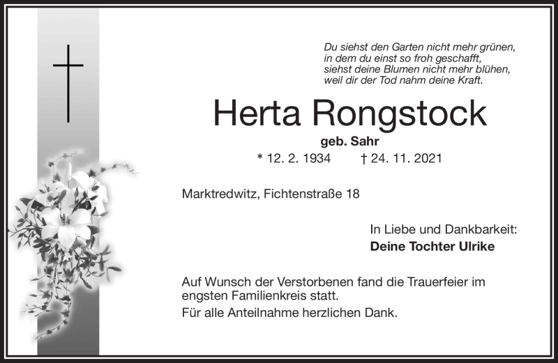 Traueranzeige für Herta Rongstock vom 01.12.2021 aus Frankenpost
