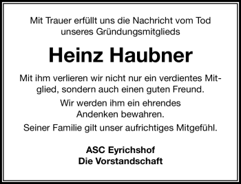 Traueranzeige von Heinz Haubner von Neue Presse Coburg