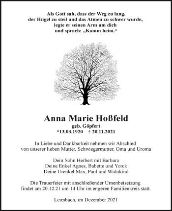 Traueranzeige von Anna Marie Hoßfeld von Südthüringer Presse