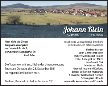 Traueranzeige von Johann Klein von Südthüringer Presse