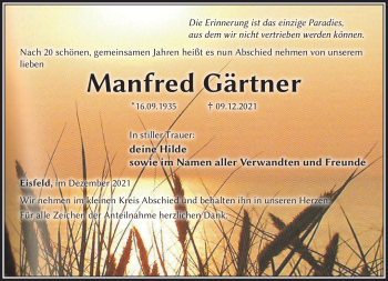 Traueranzeige von Manfred Gärtner von Südthüringer Presse