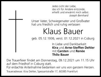 Traueranzeige von Klaus Bauer von Neue Presse Coburg