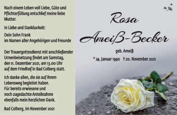 Traueranzeige von Rosa Ameiß-Becker von Südthüringer Presse