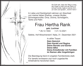 Traueranzeige von Hertha Rank von Frankenpost