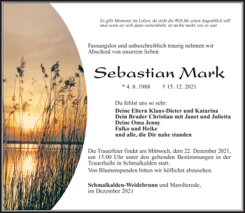 Traueranzeige von Sebastian Mark von Südthüringer Presse