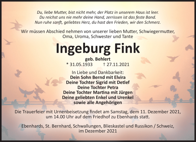  Traueranzeige für Ingeburg Finke vom 03.12.2021 aus Südthüringer Presse