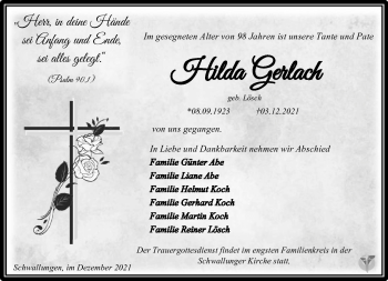 Traueranzeige von Hilda Gerlach von Südthüringer Presse