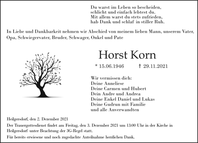  Traueranzeige für Horst Korn vom 02.12.2021 aus Neue Presse Coburg