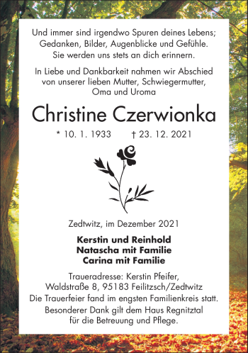 Traueranzeige von Christine Czerwionka von Frankenpost