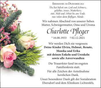 Traueranzeige von Charlotte Pfleger von Neue Presse Coburg