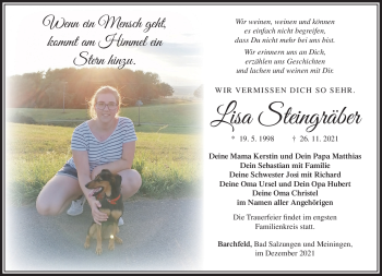 Traueranzeige von Lisa Steingräber von Südthüringer Presse