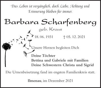 Traueranzeige von Barbara Scharfenberg von Südthüringer Presse