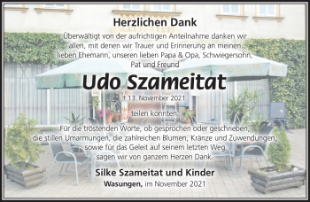 Traueranzeige von Udo Szameitat von Südthüringer Presse