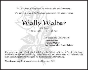 Traueranzeige von Wally Walter von Südthüringer Presse