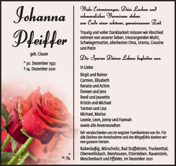 Traueranzeige von Johanna Pfeiffer von Südthüringer Presse