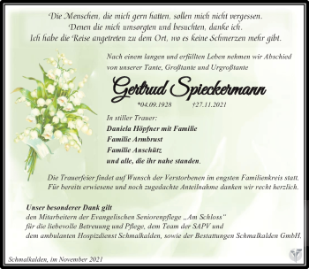 Traueranzeige von Gertrud Spieckermann von Südthüringer Presse