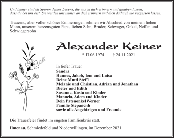Traueranzeige von Alexander Keiner von Südthüringer Presse