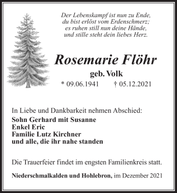 Traueranzeige von Rosemarie Flöhr von Südthüringer Presse