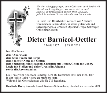 Traueranzeige von Dieter Barnicol-Oettler von Südthüringer Presse