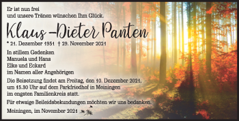 Traueranzeige von Klaus-Dieter Panten von Südthüringer Presse
