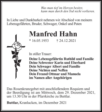 Traueranzeige von Manfred Hahn von Südthüringer Presse