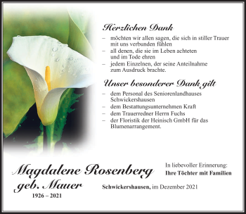 Traueranzeige von Magdalene Rosenberg von Südthüringer Presse