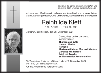 Traueranzeige von Reinhilde Klett von Frankenpost