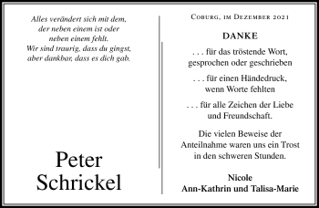 Traueranzeige von Peter Schrickel von Neue Presse Coburg