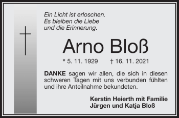 Traueranzeige von Arno Bloß von Frankenpost