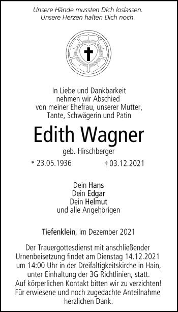Traueranzeige von Edith Wagner von Neue Presse Coburg