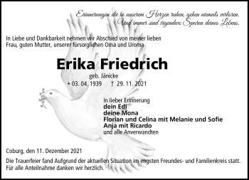 Traueranzeige von Erika Friedrich von Neue Presse Coburg