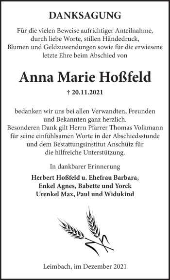 Traueranzeige von Anna Marie Hoßfeld von Südthüringer Presse