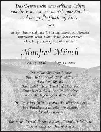 Traueranzeige von Manfred Münch von Südthüringer Presse