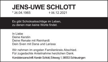 Traueranzeige von Jens-Uwe Schlott von Südthüringer Presse