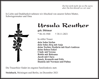 Traueranzeige von Ursula Reuther von Südthüringer Presse