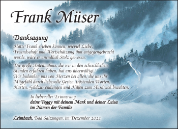 Traueranzeige von Frank Müser von Südthüringer Presse